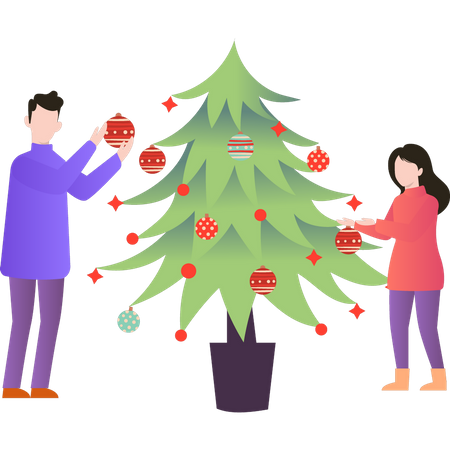 Casal colocando enfeites na árvore de Natal  Ilustração