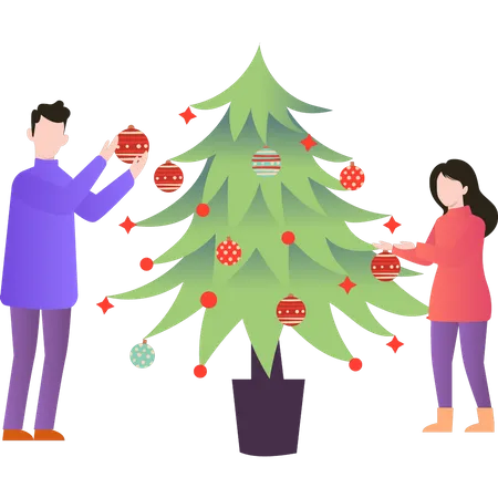 Um Menino E Uma Menina Estao Enfeitando Uma Arvore De Natal Ilustração