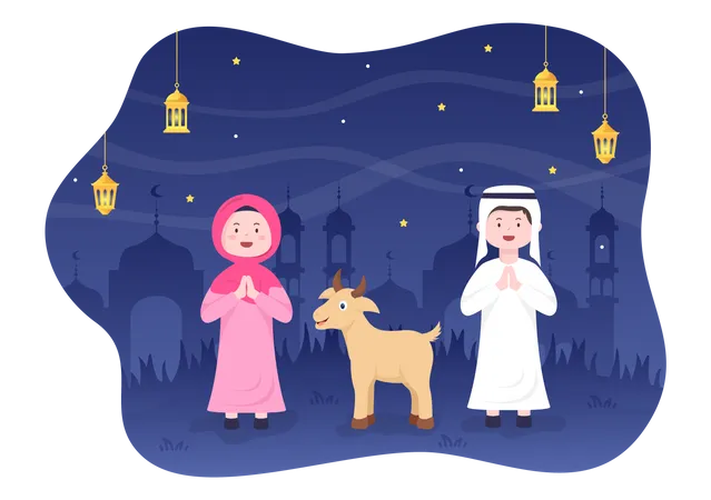 Eid Al Adha Fundo Ilustracao Dos Desenhos Animados Para A Celebracao Do Muculmano Com O Abate De Um Animal Como Uma Vaca Cabra Ou Camelo E Compartilha Lo Ilustração