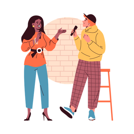 Casal com microfone apresenta show de comédia stand-up  Ilustração