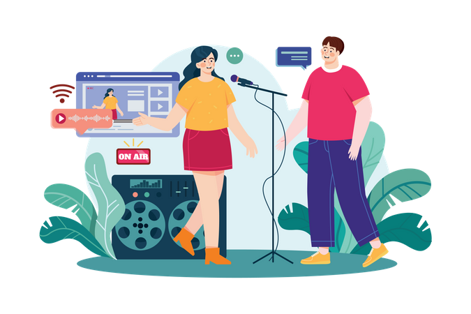 Casal com microfone funciona com gravação ao vivo  Ilustração