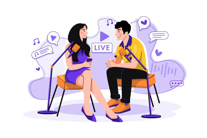 Casal com microfone funciona com gravação ao vivo  Ilustração