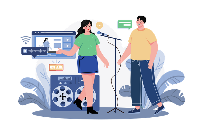 Casal com microfone funciona com gravação ao vivo  Ilustração