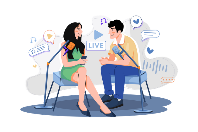 Casal com microfone funciona com gravação ao vivo  Ilustração