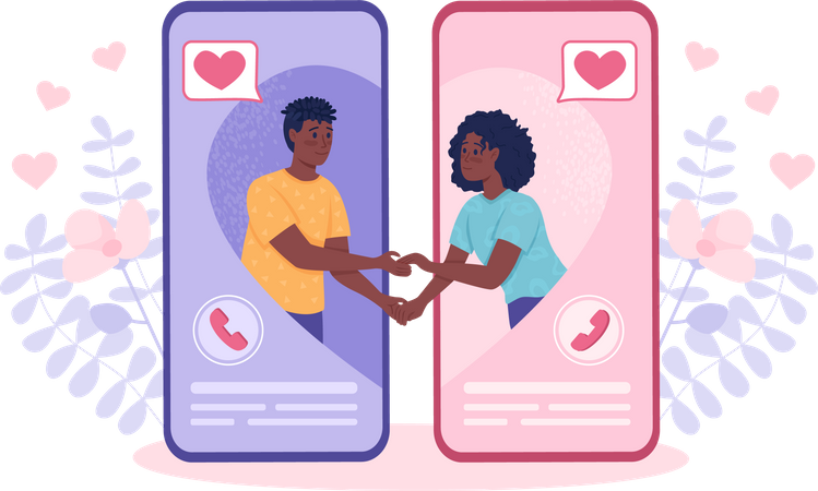 Casal com relacionamento de longa distância conectado por smartphone  Ilustração