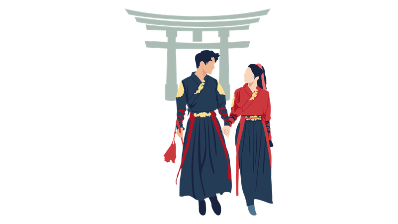 Casal com roupas de samurai do Japão  Ilustração