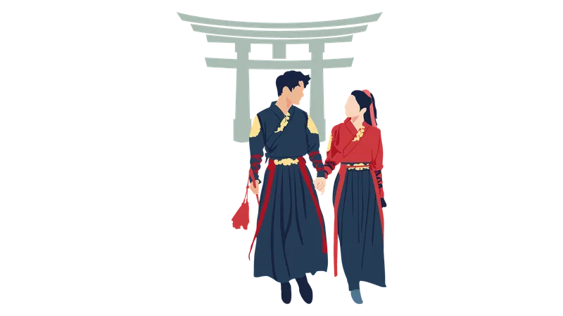 Casal com roupas de samurai do Japão  Ilustração