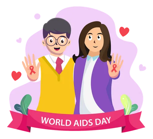 Design Conceitual Dia Mundial Da AIDS Um Casal Comemorando A Conscientizacao Do Dia Mundial Da AIDS Com Fita Vermelha Modelo De Vetor Plano Ilustração