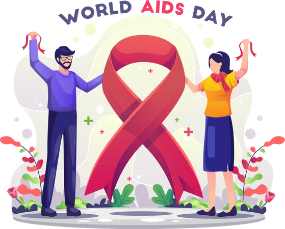 Um Casal Comemorando A Conscientizacao Do Dia Mundial Da AIDS Com Ilustracao Vetorial Do Conceito De Fita Vermelha Ilustração