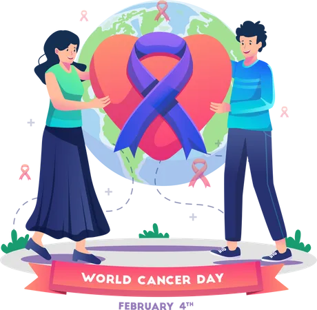 Casal comemorando o dia mundial do câncer segurando um amor decorado  Ilustração