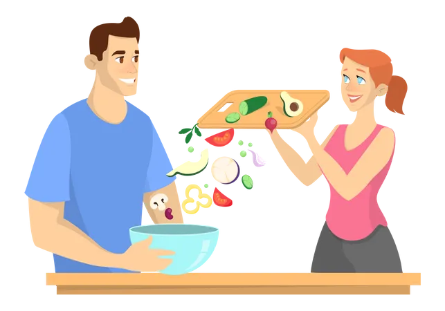 Casal comendo alimentos frescos e saudáveis  Ilustração