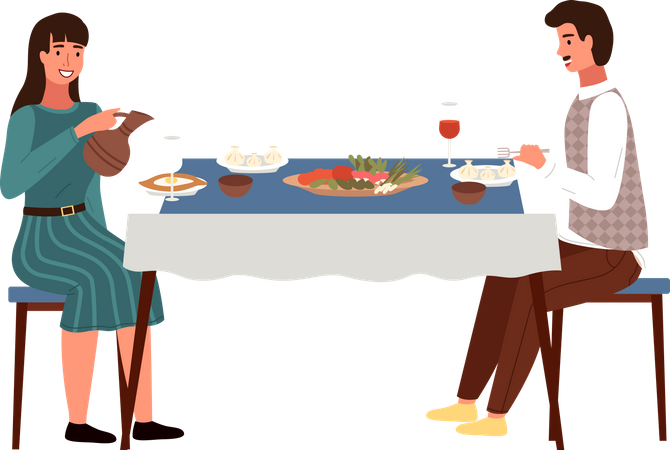 Casal comendo comida georgiana  Ilustração