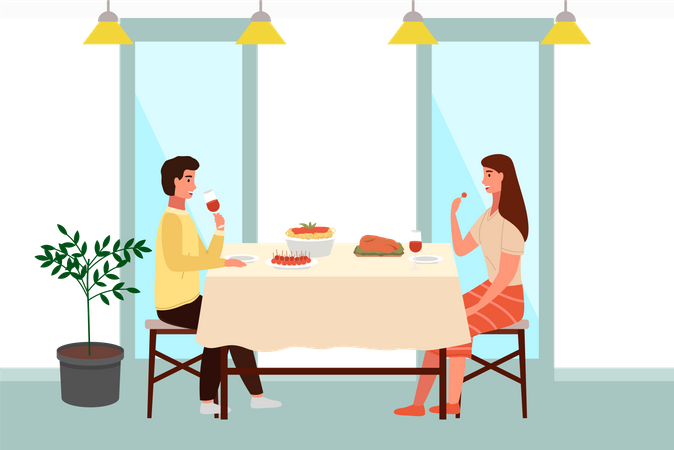 Casal comendo comida italiana no restaurante  Ilustração