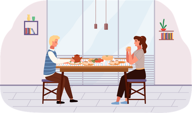Casal comendo comida russa em casa  Ilustração