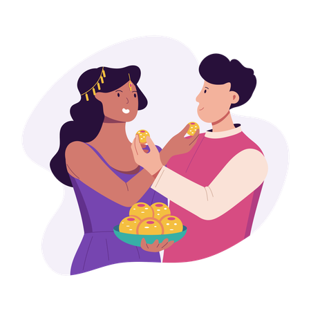 Casal comendo doces de Diwali e desejando um ao outro  Ilustração