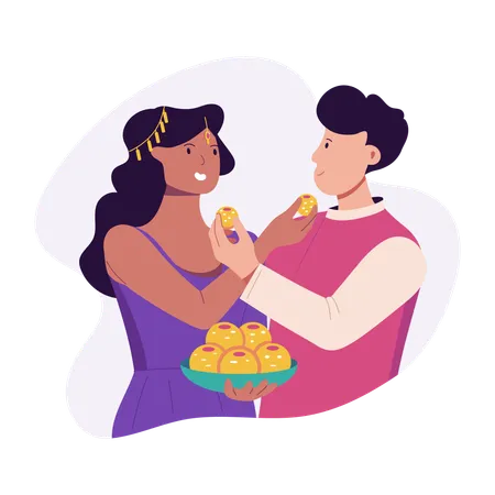 Casal comendo doces de Diwali e desejando um ao outro  Ilustração