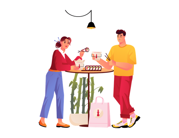 Casal comendo em restaurante chinês  Ilustração