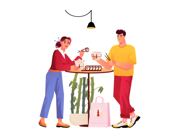 Casal comendo em restaurante chinês  Ilustração