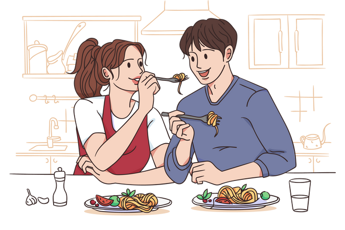 Casal comendo macarrão juntos  Ilustração