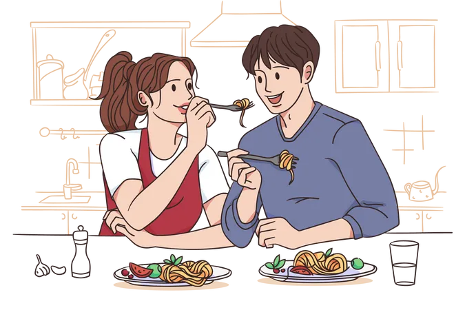 Casal comendo macarrão juntos  Ilustração