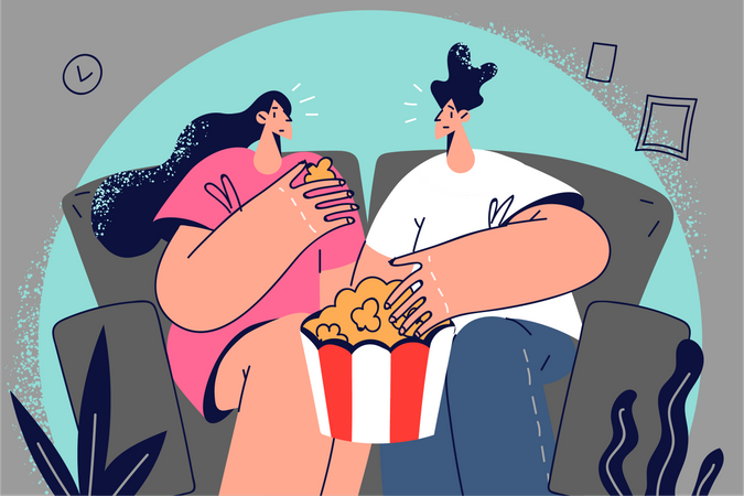 Casal comendo pipoca e assistindo filme  Ilustração