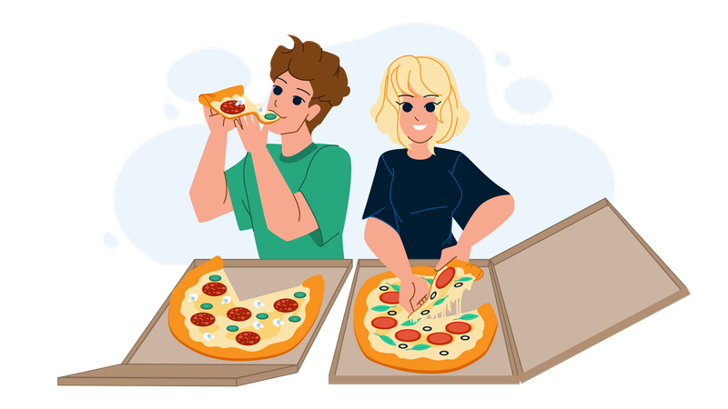 Casal comendo pizza  Ilustração