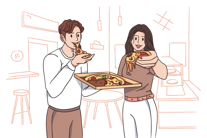 Casal comendo pizza  Ilustração