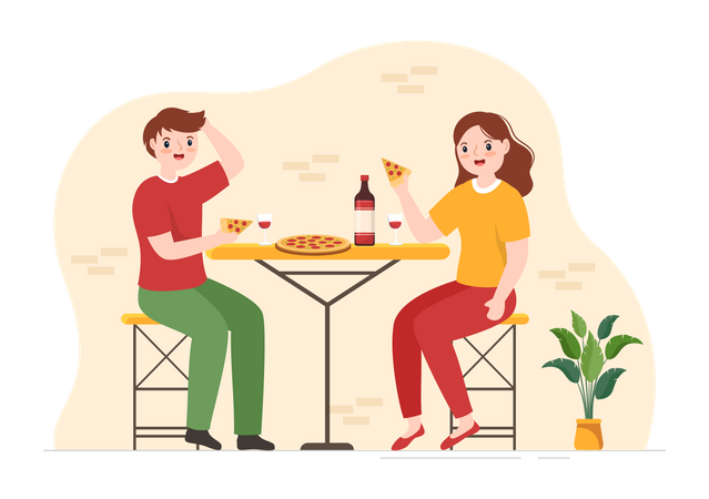 Casal comendo pizza no café italiano  Ilustração