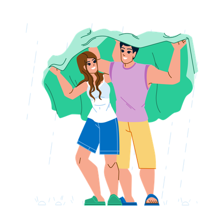 Casal compartilhando capa de chuva na chuva  Ilustração