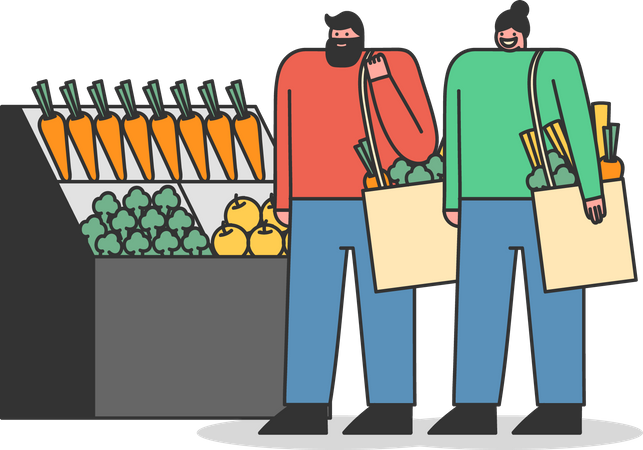 Casal comprando alimentos na mercearia  Ilustração