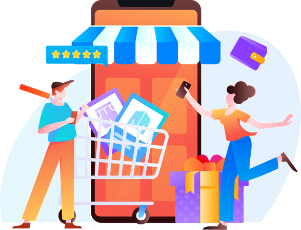 Casal comprando roupas online  Ilustração