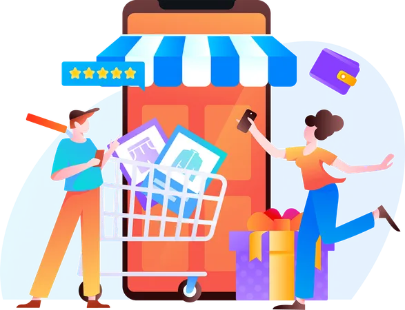 Casal comprando roupas online  Ilustração