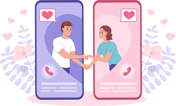 Casal conectado por smartphone tendo relacionamento de longa distância  Ilustração