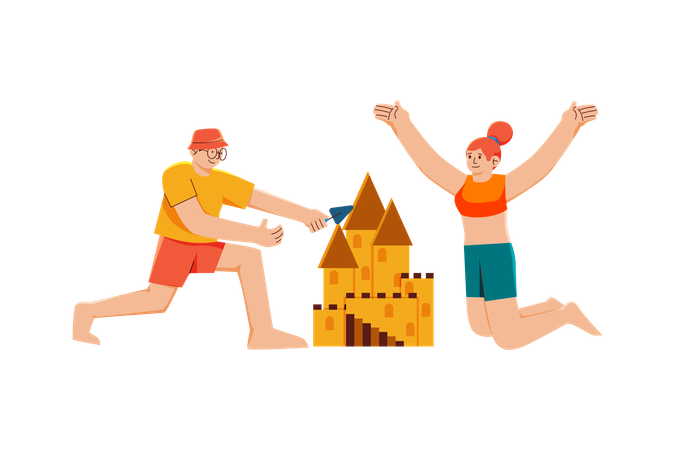 Casal construindo castelo de areia  Ilustração