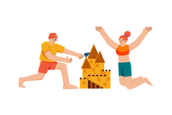 Casal construindo castelo de areia  Ilustração