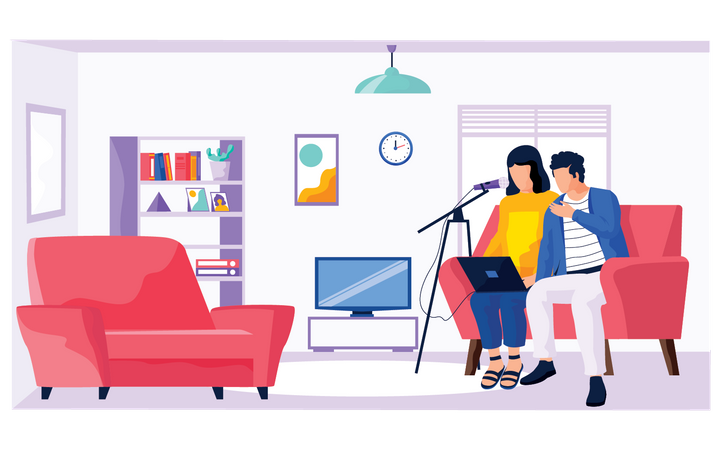 Casal conversando em podcast  Ilustração