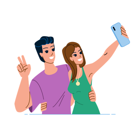 Casal falando selfie no celular  Ilustração