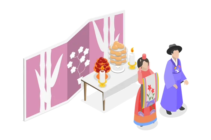 Ilustracao Conceitual De Vetor Plano Isometrico 3 D De Casamento Coreano Casal Vestindo Trajes Tradicionais Ilustração