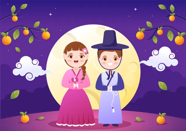 Casal coreano comemora dia de Chuseok  Ilustração