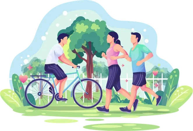 Casal correndo e andando de bicicleta no parque  Ilustração