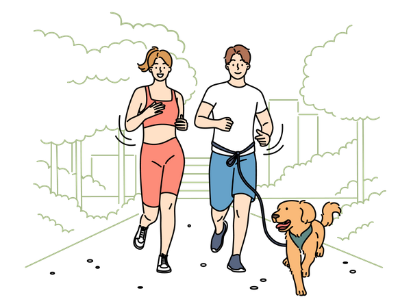 Casal correndo de manhã com cachorro de estimação  Ilustração