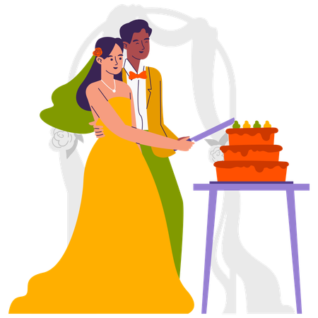 Casal corta bolo de casamento  Ilustração