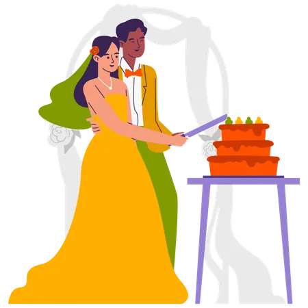 Casal corta bolo de casamento  Ilustração