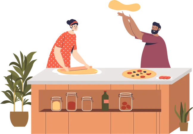 Casal cozinha pizza juntos em casa  Ilustração