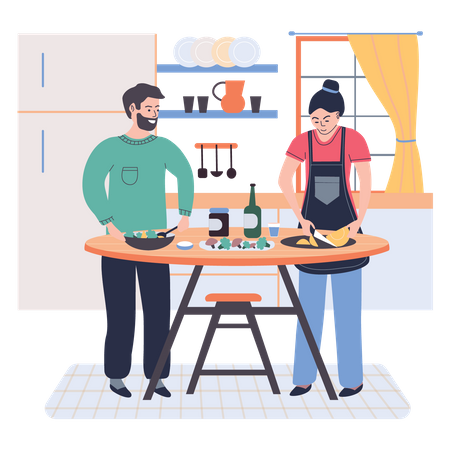 Casal cozinhando juntos  Ilustração