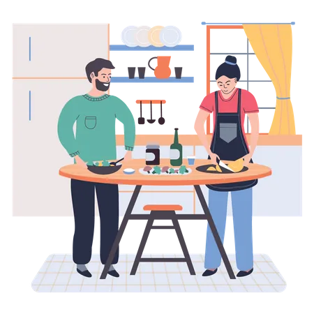 Casal cozinhando juntos  Ilustração