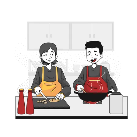 Casal cozinhando juntos  Ilustração