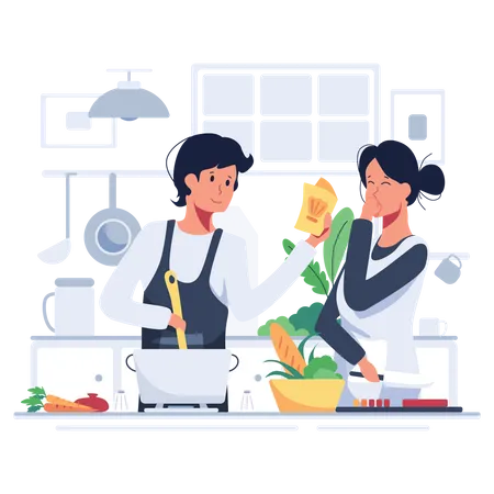 Casal cozinhando juntos na cozinha  Illustration