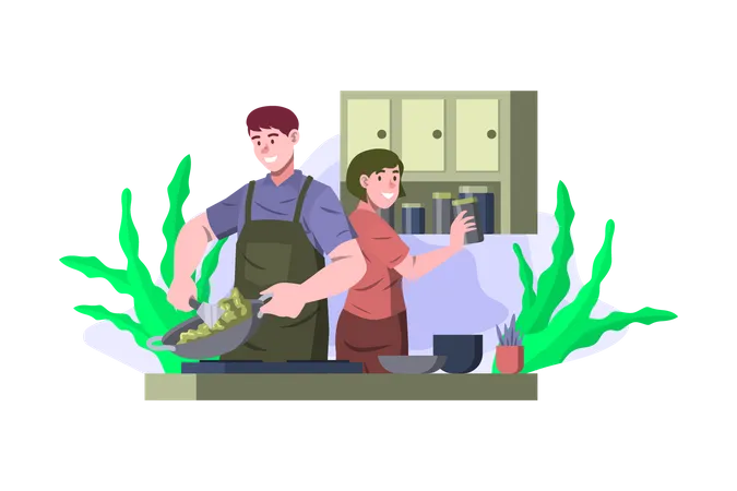 Casal cozinhando juntos na cozinha  Ilustração