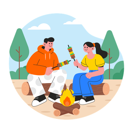 Casal cozinhando juntos na fogueira  Ilustração